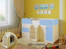 Кровать-чердак Малыш-4 Дуб молочный/Голубой в Большой Мурте - bolshaya-murta.mebel54.com | фото