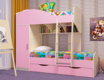 Кровать детская Жемчужина двухместная 1.8 Дуб молочный/Розовый в Большой Мурте - bolshaya-murta.mebel54.com | фото