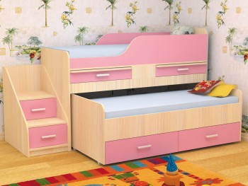 Кровать детская Лесики двухместная 1.8  Дуб молочный/Розовый в Большой Мурте - bolshaya-murta.mebel54.com | фото