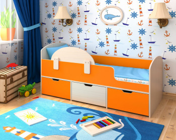 Кровать Малыш-мини с бортиком Дуб молочный/Оранжевый в Большой Мурте - bolshaya-murta.mebel54.com | фото