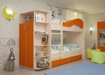 Кровать Мая двухъярусная с ящиками и шкафом Млечный дуб/Оранжевый в Большой Мурте - bolshaya-murta.mebel54.com | фото