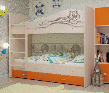 Кровать Мая-Сафари двухъярусная с ящикамиМлечный дуб/Оранжевый в Большой Мурте - bolshaya-murta.mebel54.com | фото
