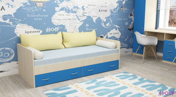 Кровать с выкатными ящиками Дуб молочный/Голубой в Большой Мурте - bolshaya-murta.mebel54.com | фото