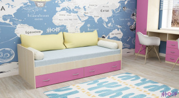 Кровать с выкатными ящиками Дуб Молочный/Розовый в Большой Мурте - bolshaya-murta.mebel54.com | фото