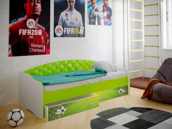 Кровать Софа-8 с мягкой спинкой фотопечать Футбол (900х1900) Белый/Лайм в Большой Мурте - bolshaya-murta.mebel54.com | фото