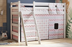 Кровать Соня Вариант 10 с наклонной лестницей со шторой, подушкой 40х40 и 2-мя карманами Белый полупрозрачный/Зигзаг коралловый в Большой Мурте - bolshaya-murta.mebel54.com | фото