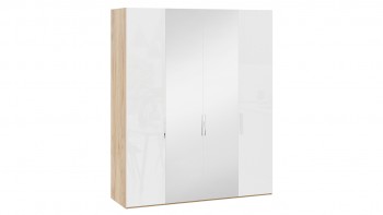 Шкаф комбинированный с 2 глухими и 2 зеркальными дверями «Эмбер» Яблоня Беллуно/Белый глянец в Большой Мурте - bolshaya-murta.mebel54.com | фото